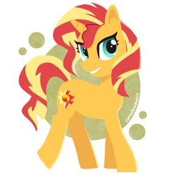 Size: 1200x1200 | Tagged: safe, artist:catachromatic, derpibooru exclusive, sunset shimmer, pony, unicorn, g4, abstract background, circle, circle background, colored, cute, female, flat colors, grin, happy, mare, shimmerbetes, smiling, solo