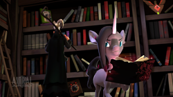 Size: 2560x1440 | Tagged: dead source, safe, artist:roxannegoat, fhtng th§ ¿nsp§kbl, oleander (tfh), classical unicorn, human, unicorn, them's fightin' herds, g4, 3d, alicorn amulet, bombinomicon, book, bookshelf, community related, crossover, daring do book, female, horn, leonine tail, levitation, magic, male, merasmus, source filmmaker, team fortress 2, telekinesis, unicornomicon, unshorn fetlocks, watermark, wizard