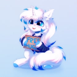 Size: 1674x1674 | Tagged: safe, artist:astralblues, oc, oc only, pony, unicorn, blue eyes, chest fluff, clothes, ear fluff, fluffy, happy, holding sign, hoodie, hoof fluff, leg fluff, male, mouth, open mouth, sign, sitting, smiling, solo