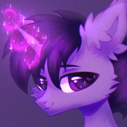 Size: 592x592 | Tagged: safe, artist:astralblues, oc, oc only, oc:tyrian shade, pony, unicorn, ear fluff, fluffy, looking at you, magic, magic aura, male, purple eyes, solo, sparkles
