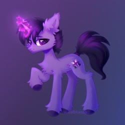 Size: 1700x1700 | Tagged: safe, artist:astralblues, oc, oc only, oc:tyrian shade, pony, unicorn, chest fluff, ear fluff, fluffy, holding hoof, hoof fluff, leg fluff, looking at you, magic, magic aura, male, purple eyes, solo, sparkles