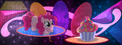 Size: 3840x1440 | Tagged: safe, artist:anime-equestria, artist:laszlvfx, edit, pinkie pie, earth pony, pony, g4, cupcake, cute, diapinkes, food, imminent pounce, solo, wallpaper, wallpaper edit