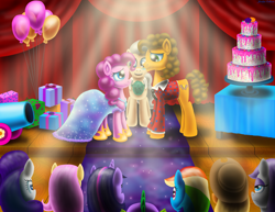 Size: 3300x2550 | Tagged: safe, artist:jac59col, applejack, cheese sandwich, fluttershy, maud pie, mayor mare, pinkie pie, rainbow dash, rarity, spike, twilight sparkle, earth pony, pony, g4, balloon, clothes, dress, female, high res, male, marriage, party cannon, present, ship:cheesepie, shipping, straight, tuxedo, wedding, wedding cake, wedding dress