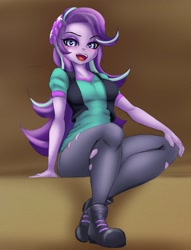 Size: 1561x2048 | Tagged: safe, artist:cricriarts, starlight glimmer, equestria girls, equestria girls specials, g4, my little pony equestria girls: mirror magic, beanie, blushing, breasts, clothes, hat, open mouth, sitting, solo