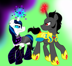 Size: 808x740 | Tagged: safe, artist:xiolyeca, king sombra, shining armor, pony, unicorn, g4, alternate universe, armor, bevor, black background, blue sclera, boots, chestplate, clothes, colored sclera, corrupted, corrupted shining armor, criniere, croupiere, cuirass, dark magic, ear piercing, earring, fangs, fauld, glowing horn, gorget, greaves, green background, hoof shoes, horn, jewelry, king sideburns, magic, male, pauldron, peytral, piercing, plackart, possessed, purple background, regalia, role reversal, saddle, shining shadow, shoes, simple background, sombra eyes, tack, tiara, translation, white background