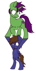 Size: 1400x2725 | Tagged: safe, artist:memeancholy, oc, oc:dauntless, oc:six-shooter, pony, bipedal, duo, lifting, scrunchy face, simple background, transparent background
