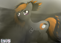 Size: 1754x1240 | Tagged: safe, artist:linasnake, oc, oc only, earth pony, pony, dark background, earth pony oc, looking at you, pony oc, signature, solo, walking, walking away