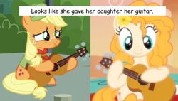 Size: 628x356 | Tagged: safe, screencap, applejack, pear butter, g4, the mane attraction, the perfect pear, comparison, cute, female, filly, filly applejack, guitar, jackabetes, like mother like daughter, like parent like child, musical instrument, pearabetes, text, young, younger
