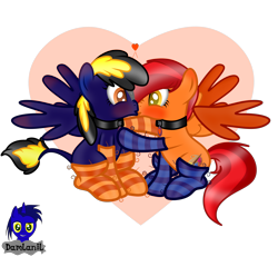 Size: 4154x3840 | Tagged: safe, artist:damlanil, oc, oc only, oc:blue wind, oc:paint star, kirin, original species, pegasus, pony, art trade, blushing, clothes, collar, cute, duo, female, floating heart, heart, kiss on the lips, kissing, latex, lesbian, love, mare, show accurate, simple background, sit, socks, striped socks, transparent background, vector, wings