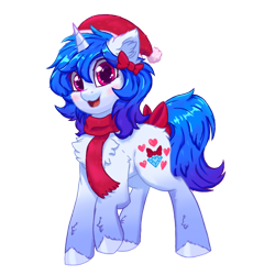 Size: 1200x1200 | Tagged: safe, artist:gempainter32, oc, oc only, oc:diamond nella, pony, unicorn, 2021 community collab, derpibooru community collaboration, blue mane, bow, cheek fluff, chest fluff, christmas, clothes, cute, cutie mark, diamond, ear fluff, eye clipping through hair, female, gradient hooves, gradient mane, hat, heart, holiday, hoof fluff, ibispaint x, looking at you, magenta eyes, mare, open mouth, raised hoof, santa hat, scarf, simple background, solo, tail bow, transparent background