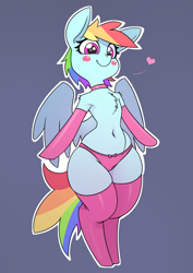 Size: 2480x3508 | Tagged: safe, artist:chrysalisdraws, rainbow dash, pegasus, semi-anthro, g4, adorasexy, armpits, belly button, bipedal, blush sticker, blushing, chest fluff, choker, chokerdash, clothes, cute, dashabetes, digital art, female, floating heart, heart, high res, large butt, latex, latex socks, legs together, mare, panties, pink panties, sexy, simple background, smiling, socks, solo, stockings, thigh highs, thighs, thunder thighs, underwear, wide hips