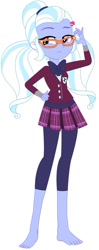 Size: 345x870 | Tagged: safe, artist:marcorulezzz, edit, editor:thomasfan45, sugarcoat, equestria girls, barefoot, blouse, bow, clothes, crystal prep academy uniform, crystal prep shadowbolts, cute, feet, glasses, hairclip, hand on hip, leggings, legs, looking to side, pigtails, pleated skirt, school uniform, simple background, skirt, solo, suspicious, twintails, vector, white background