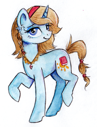 Size: 979x1281 | Tagged: safe, artist:lailyren, oc, oc only, oc:midday shine, pony, unicorn, blue eyes, braid, ear fluff, female, gentle smile, gift art, headband, jewelry, lidded eyes, mare, necklace, ponysona, raised hoof, simple background, smiling, solo, stray strand, tail band, traditional art, watercolor painting, white background