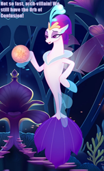 Size: 622x1024 | Tagged: safe, queen novo, seapony (g4), g4, my little pony: the movie, bubble, coral, crown, dorsal fin, fin, fin wings, fins, fish tail, floppy ears, flowing mane, jewelry, mermaid man and barnacle boy iii, ocean, orb of confusion, peytral, queen novo's orb, regalia, seaquestria, seaweed, spongebob squarepants, swimming, tail, throne, throne room, underwater, water, wings