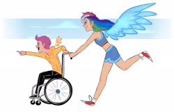 Size: 2048x1317 | Tagged: safe, artist:syrupyyy, rainbow dash, scootaloo, human, g4, alternate hairstyle, clothes, commission, converse, cute, cutealoo, dashabetes, disabled, female, floating wings, grin, handicapped, hoodie, humanized, jeans, open mouth, pants, pointing, running, shoes, shorts, smiling, socks, sports bra, sports shorts, wheelchair, winged humanization, wings