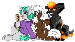 Size: 3840x2160 | Tagged: safe, artist:brainiac, derpibooru exclusive, oc, oc only, oc:ben, oc:fluoride sting, oc:shania, goat, pony, tiger pony, unicorn, 2021 community collab, derpibooru community collaboration, bottomless, clothes, food, high res, lava, obsidian, partial nudity, sandwich, simple background, toothbrush, toothpaste, transparent background