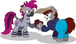 Size: 4770x2768 | Tagged: safe, artist:khaki-cap, oc, oc only, oc:khaki, oc:khaki-cap, oc:zjin, oc:zjin-wolfwalker, earth pony, pony, zebra, 2021 community collab, derpibooru community collaboration, butt, cap, clothes, earth pony oc, female, hat, high res, hoodie, jean thicc, jeans, male, mane, mare, mug, pants, plot, simple background, stallion, tail, the ass was fat, transparent background, vector, zebra oc