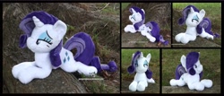 Size: 4102x1754 | Tagged: safe, artist:peruserofpieces, rarity, pony, unicorn, g4, beanie (plushie), bedroom eyes, female, irl, looking at you, lying down, mare, multiple views, photo, plushie, prone, smiling, smiling at you, solo, tree
