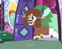 Size: 740x587 | Tagged: safe, screencap, rarity, sandbar, yona, earth pony, pony, yak, g4, the last problem, animated, cloven hooves, cropped, duo focus, female, gif, male, monkey swings, offscreen character, older, older sandbar, older yona, size difference, stallion