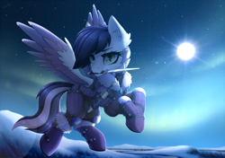 Size: 4000x2821 | Tagged: safe, artist:dipfanken, oc, oc only, oc:aury, pegasus, pony, armor, clothes, crepuscular rays, female, flying, guardsmare, high res, mare, mouth hold, pegasus oc, royal guard, snow, solo, spread wings, sun, wings