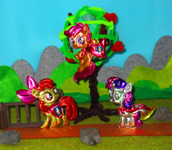 Size: 3296x2872 | Tagged: safe, alternate version, artist:malte279, part of a set, apple bloom, scootaloo, sweetie belle, earth pony, pony, g4, cape, clothes, craft, cutie mark crusaders, embossing, high res, irl, metal foil, photo, relief