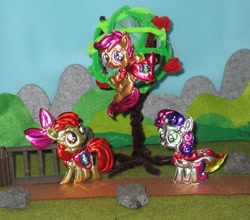 Size: 1024x902 | Tagged: safe, artist:malte279, part of a set, apple bloom, scootaloo, sweetie belle, earth pony, pony, g4, cape, clothes, craft, cutie mark crusaders, embossing, irl, metal foil, photo, relief