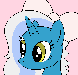 Size: 156x150 | Tagged: safe, artist:rainbow-softie, oc, oc only, oc:fleurbelle, alicorn, pony, alicorn oc, bow, female, hair bow, horn, mare, pink background, simple background, solo, wings, yellow eyes