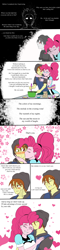 Size: 1400x5800 | Tagged: safe, artist:stellarwools, pinkie pie, oc, oc:eclipse shadow, human, equestria girls, g4, beanie, blushing, canon x oc, cheek kiss, clothes, colored, comic, cooking, dialogue, female, hat, heterochromia, hug, kissing, male, pinkipse, romance, romantic, server pinkie pie, story included, straight, waitress