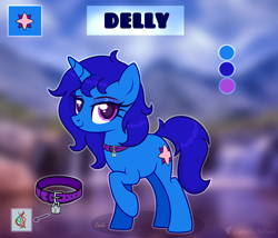 Size: 3500x3000 | Tagged: safe, artist:cornelia_nelson, oc, oc only, oc:delly, pony, unicorn, collar, female, high res, looking at you, mare, raised hoof, reference sheet