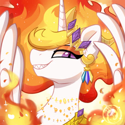 Size: 1000x1000 | Tagged: safe, artist:oofycolorful, nightmare star, pony, g4, bust, chest fluff, crown, ear fluff, ear piercing, earring, fangs, fire, jewelry, looking at you, mane of fire, piercing, portrait, profile, regalia, slit pupils, smiling, solo, spread wings, wings