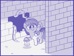 Size: 1418x1078 | Tagged: safe, artist:heretichesh, daring do, pegasus, pony, g4, brick wall, cute, daring dorable, female, filly, foal, happy, i've seen enough hentai to know where this is going, impending doom, lantern, oblivious, ruins, sketch, tentacles