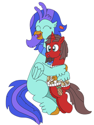 Size: 2448x3264 | Tagged: safe, artist:supahdonarudo, derpibooru exclusive, oc, oc only, oc:ironyoshi, oc:sea lilly, classical hippogriff, hippogriff, pony, unicorn, 2021 community collab, derpibooru community collaboration, clothes, happy, high res, hug, scarf, simple background, surprised, sweater, transparent background