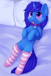 Size: 2000x3000 | Tagged: safe, artist:dbleki, oc, oc:delly, pony, unicorn, :p, blushing, clothes, collar, female, high res, lying down, on back, pet tag, socks, stockings, striped socks, thigh highs, tongue out