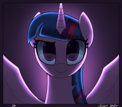 Size: 2500x2200 | Tagged: safe, artist:opal_radiance, twilight sparkle, alicorn, pony, g4, bust, dreamworks face, eye clipping through hair, female, high res, mare, portrait, smiling, smirk, solo, spread wings, twilight sparkle (alicorn), wings