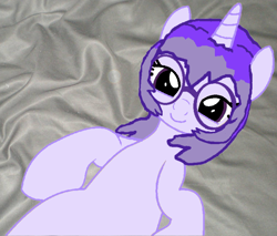 Size: 762x650 | Tagged: safe, artist:mellow91, oc, oc:glass sight, pony, unicorn, bed, bedroom eyes, bedsheets, belly, bellyrubs, cute, glasses, looking offscreen, loving gaze, lying down, lying on bed, ocbetes, on back, on bed, smiling