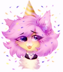 Size: 1384x1570 | Tagged: safe, artist:astralblues, oc, oc only, oc:hannelorakkerman, pony, blue eyes, bust, chest fluff, collar, confetti, cute, ear fluff, eyebrows down, fluffy, hat, party hat, portrait, shy, solo, tongue out