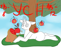 Size: 3000x2384 | Tagged: safe, artist:lowname, oc, oc only, pony, unicorn, apple, bag, commission, food, glowing horn, high res, horn, lying down, magic, prone, solo, telekinesis, tree, unicorn oc, your character here