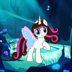 Size: 1080x1080 | Tagged: safe, artist:rxndxm.artist, oc, oc only, oc:shooting star, pony, butterfly wings, hoof on chest, looking at you, mirror pool, outdoors, raised hoof, smiling, solo, standing, wings