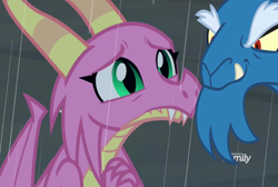 Size: 1348x907 | Tagged: safe, edit, edited screencap, screencap, grogar, scales (g4), dragon, sheep, g4, the hearth's warming club, alternate history, alternate season 9, alternate timeline, dragoness, female, implied conquest, male, rain, ram, scared, smiling, smirk