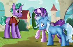 Size: 1911x1240 | Tagged: safe, artist:ali-selle, firelight, starlight glimmer, trixie, pony, unicorn, g4, clothes, commission, family, father and child, father and daughter, female, girlfriend, illustration, lesbian, lesbian in front of boys, male, mare, ship:startrix, shipping, stallion