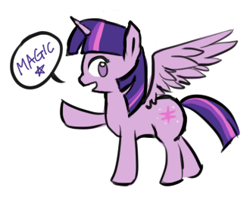 Size: 330x260 | Tagged: safe, artist:ujey02, twilight sparkle, alicorn, pony, g4, dialogue, female, magic, mare, no pupils, open mouth, profile, simple background, solo, speech bubble, spread wings, twilight sparkle (alicorn), white background, wings