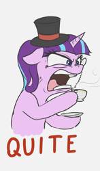 Size: 853x1448 | Tagged: safe, artist:t72b, starlight glimmer, pony, unicorn, g4, classy, cup, egalitarianism, faic, floppy ears, gray background, hat, monocle, pun, quiet, ragelight glimmer, s5 starlight, simple background, solo, teacup, top hat