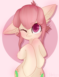 Size: 1956x2560 | Tagged: safe, artist:marleen, oc, oc only, oc:hopple scotch, earth pony, pony, blushing, both cutie marks, circle background, commission, cute, ear fluff, eye clipping through hair, female, looking at you, mare, one eye closed, pigtails, signature, simple background, solo, standing, wink, winking at you, ych result