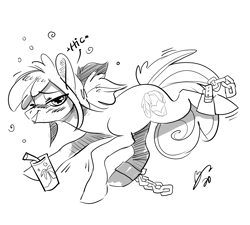 Size: 2413x2176 | Tagged: safe, artist:opalacorn, oc, oc only, oc:hopple scotch, earth pony, pony, alcohol, ankle cuffs, blushing, bubble, chains, commission, cuffs, drunk, female, grayscale, hiccup, high res, looking at you, mare, monochrome, pigtails, simple background, sketch, smiling, smiling at you, solo, white background