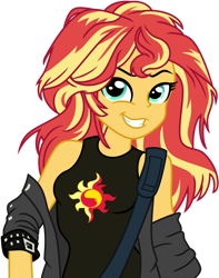 Size: 1024x1298 | Tagged: safe, artist:emeraldblast63, artist:harwick, sunset shimmer, equestria girls, g4, alternate hairstyle, clothes, female, grin, jacket, leather jacket, redesign, simple background, smiling, solo, transparent background