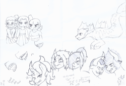 Size: 2192x1505 | Tagged: safe, artist:jolliapplegirl, iron will, oc, oc:acheron, oc:ardent melody, oc:midsummer solstice, oc:rose red, oc:sour note, oc:toxic love, oc:wintertide solstice, changeling, human, hybrid, pegasus, pony, siren, unicorn, g4, blushing, fangs, magical lesbian spawn, offspring, parent:adagio dazzle, parent:aria blaze, parent:mane-iac, parent:princess cadance, parent:queen chrysalis, parent:sonata dusk, parent:sour sweet, parent:sunset shimmer, parents:chrysiac, parents:sournata, parents:sunsagio, traditional art