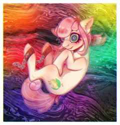 Size: 1600x1667 | Tagged: safe, artist:ottcat23, oc, oc only, oc:hopple scotch, earth pony, pony, ankle cuffs, chains, commission, cuffs, drugs, female, hooves to the chest, looking at you, mare, psychedelic, rainbow background, solo, swirly eyes, tripping, ych result
