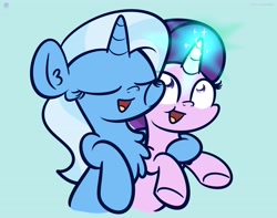 Size: 3250x2560 | Tagged: dead source, safe, artist:php142, starlight glimmer, trixie, pony, unicorn, g4, blue background, chest fluff, ear fluff, female, glowing horn, high res, horn, hug, lesbian, magic, mare, open mouth, ship:startrix, shipping, simple background