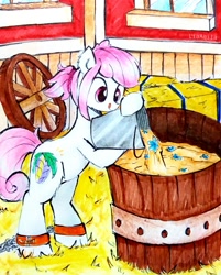 Size: 1997x2490 | Tagged: safe, artist:liaaqila, oc, oc only, oc:hopple scotch, earth pony, pony, ankle cuffs, barn, brewing, bucket, chains, commission, cuffs, female, flower, hay bale, hoof hold, mare, potion, pouring, smiling, solo, tongue out, traditional art, wheel, window