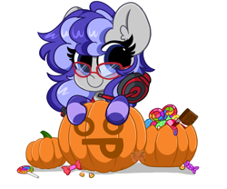Size: 4200x3500 | Tagged: safe, artist:kittyrosie, oc, oc only, oc:cinnabyte, earth pony, pony, adorkable, candy, cinnabetes, clothes, commission, cute, dork, female, food, gaming headset, glasses, headphones, headset, mare, meganekko, ocbetes, pumpkin, simple background, smiling, socks, solo, striped socks, white background, ych result